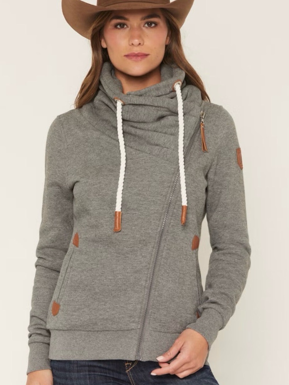 Wanakome Gray Asymmetrical Zip Cowl Sweater with Rope Drawcords